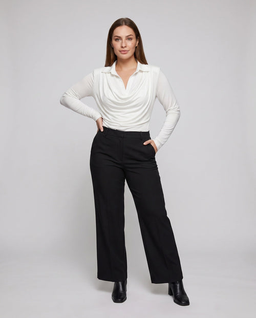 Ladies elegant long sleeve shirt with sophisticated wrap neckline and wide pants - front view
