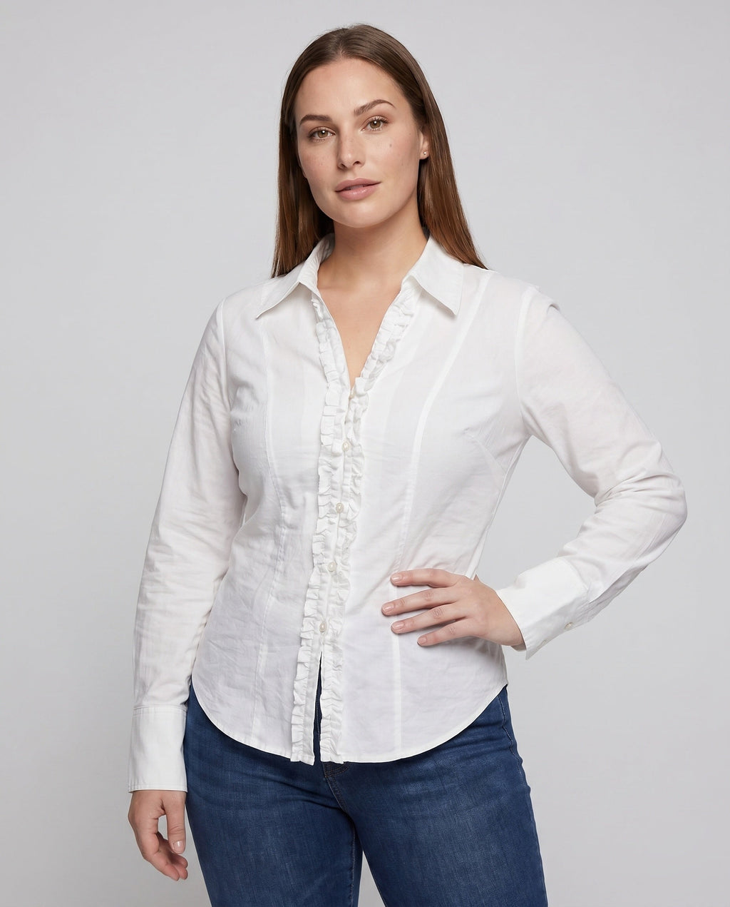Women's classic blouse shirt with ruffle details and elegant V-neck - upper body view