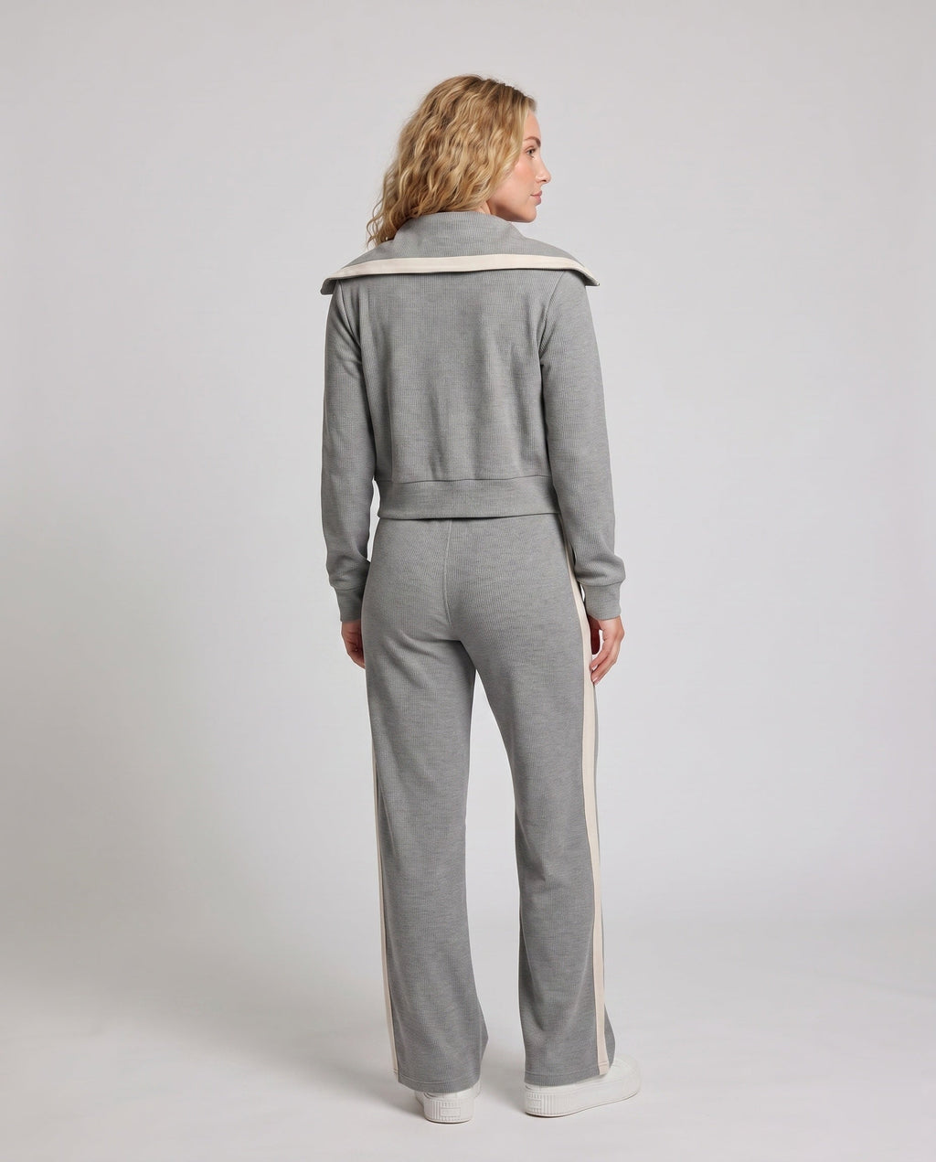 Women's fashionable tracksuit with high-quality hoodie and wide pants - back view