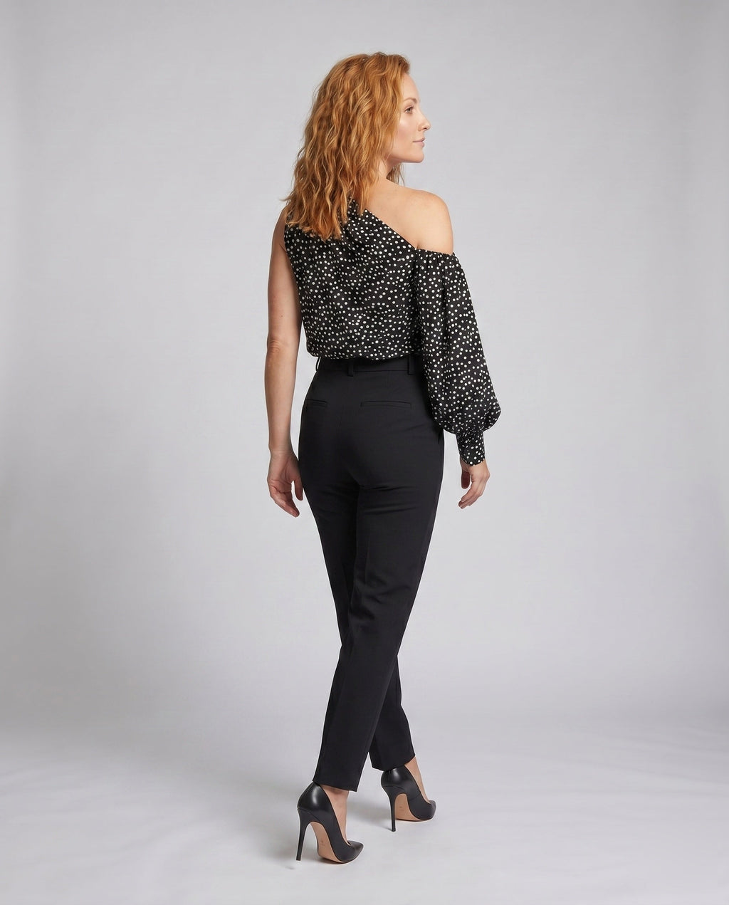 Ladies asymmetrical blouse shirt with puff sleeves - back view
