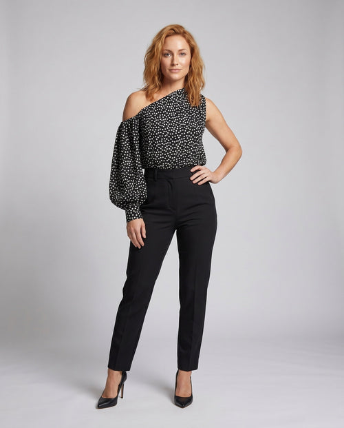 Ladies asymmetrical blouse shirt with puff sleeves - front view