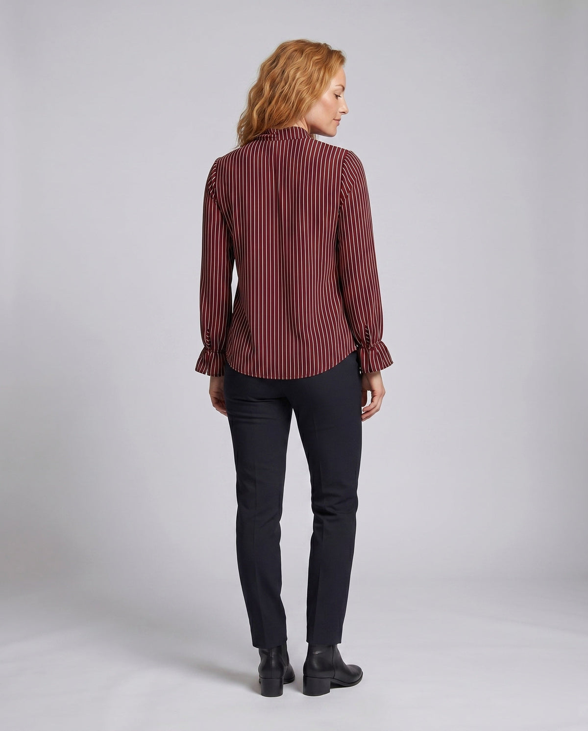Women's blouse shirt with elegant bow tie and striped pattern - back view