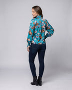 Women's blouse shirt with floral pattern and voluminous sleeves - back view