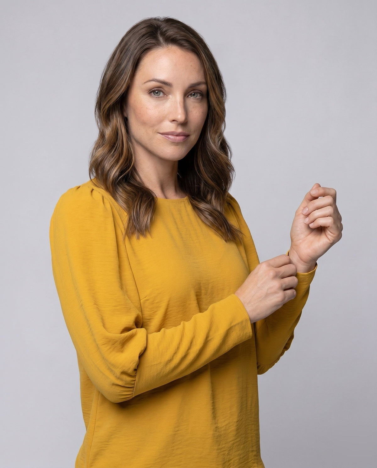 Women's blouse shirt with puff sleeves and elegant cut - upper body view