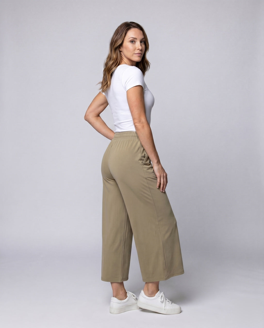 Women's wide jersey pants with elastic waistband and casual design - back view