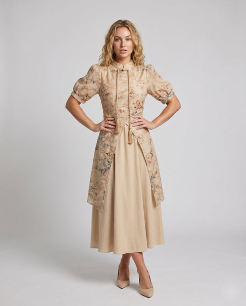 Ladies Elegant Long Dress with Asian Inspired Pattern - front view