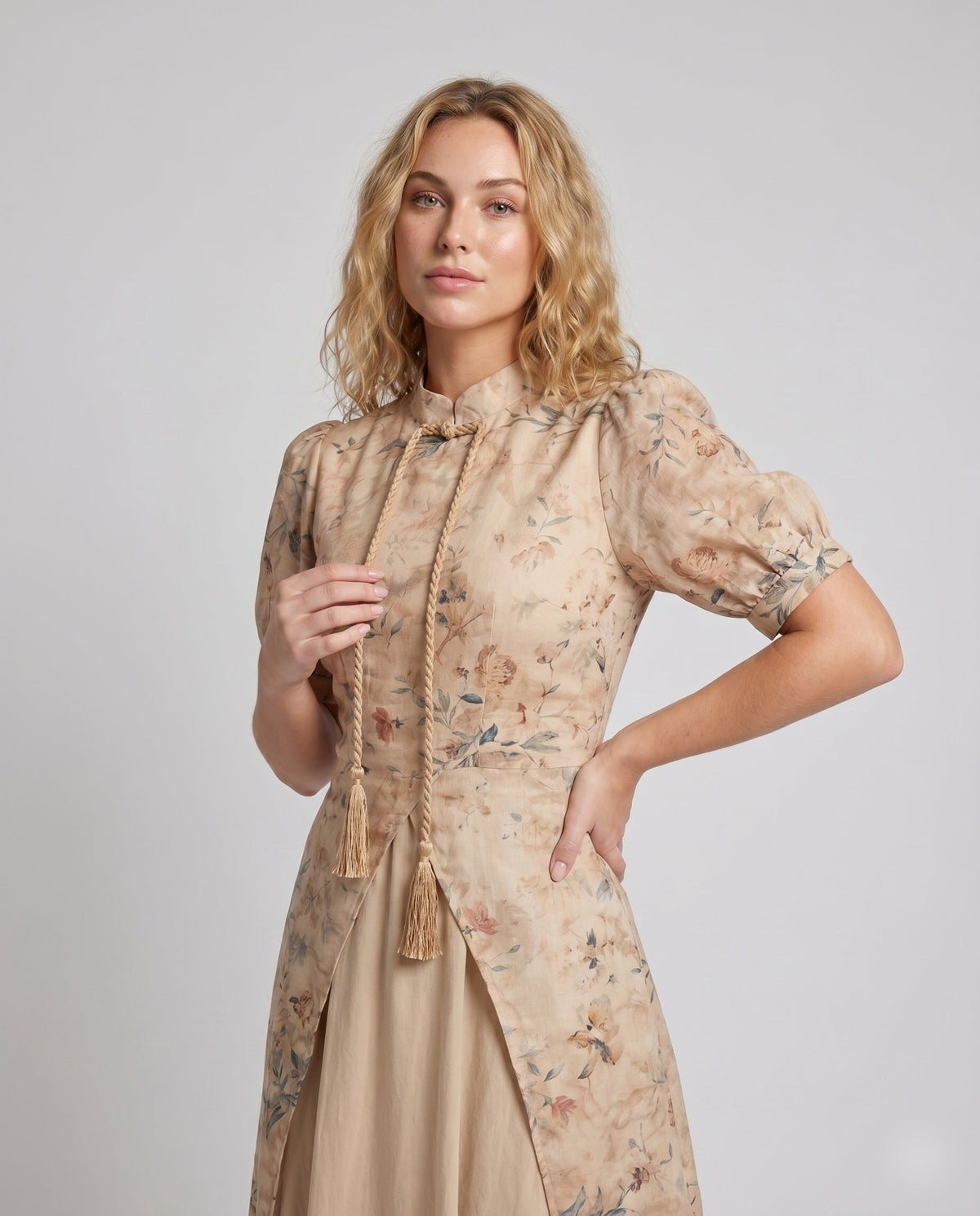 Ladies Elegant Long Dress with Asian Inspired Pattern - upper body view