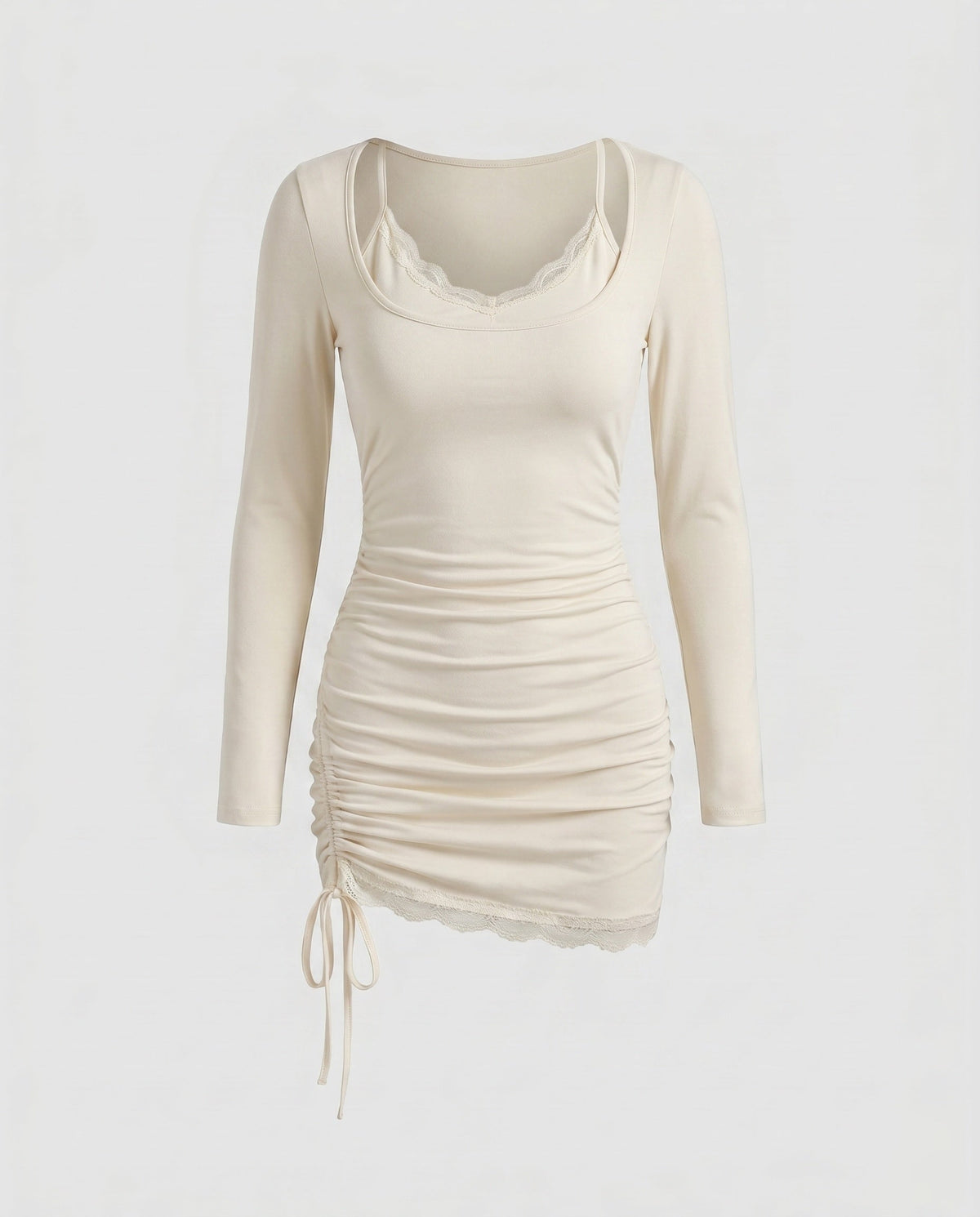 Women's form-fitting dress with additional ruffle details and luxurious overlay - product shot