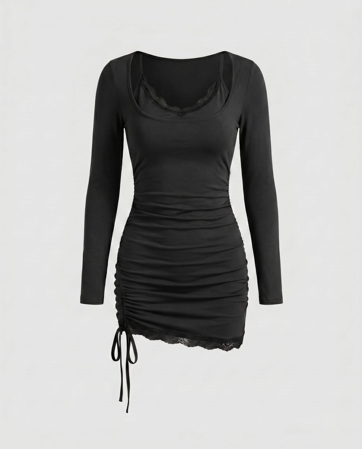 Women's form-fitting dress with additional ruffle details and luxurious overlay - product shot