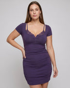 Women's figure-hugging lingerie dress with lace accents and gathering - upper body view