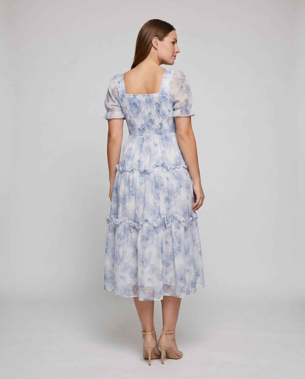 Ladies Flowing Maxi Dress with Floral Ruffles - back view