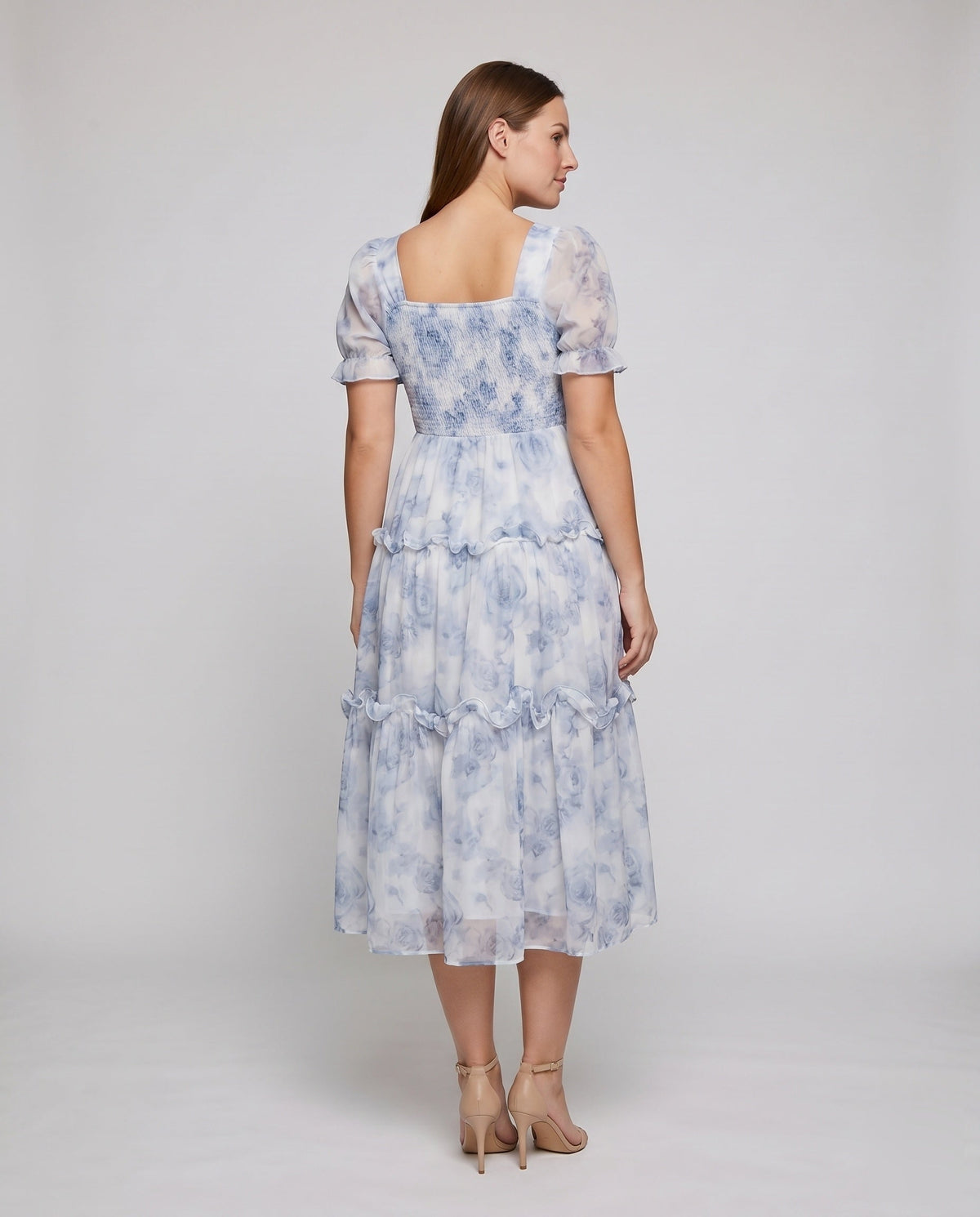 Ladies Flowing Maxi Dress with Floral Ruffles - back view