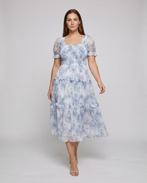 Ladies Flowing Maxi Dress with Floral Ruffles - front view