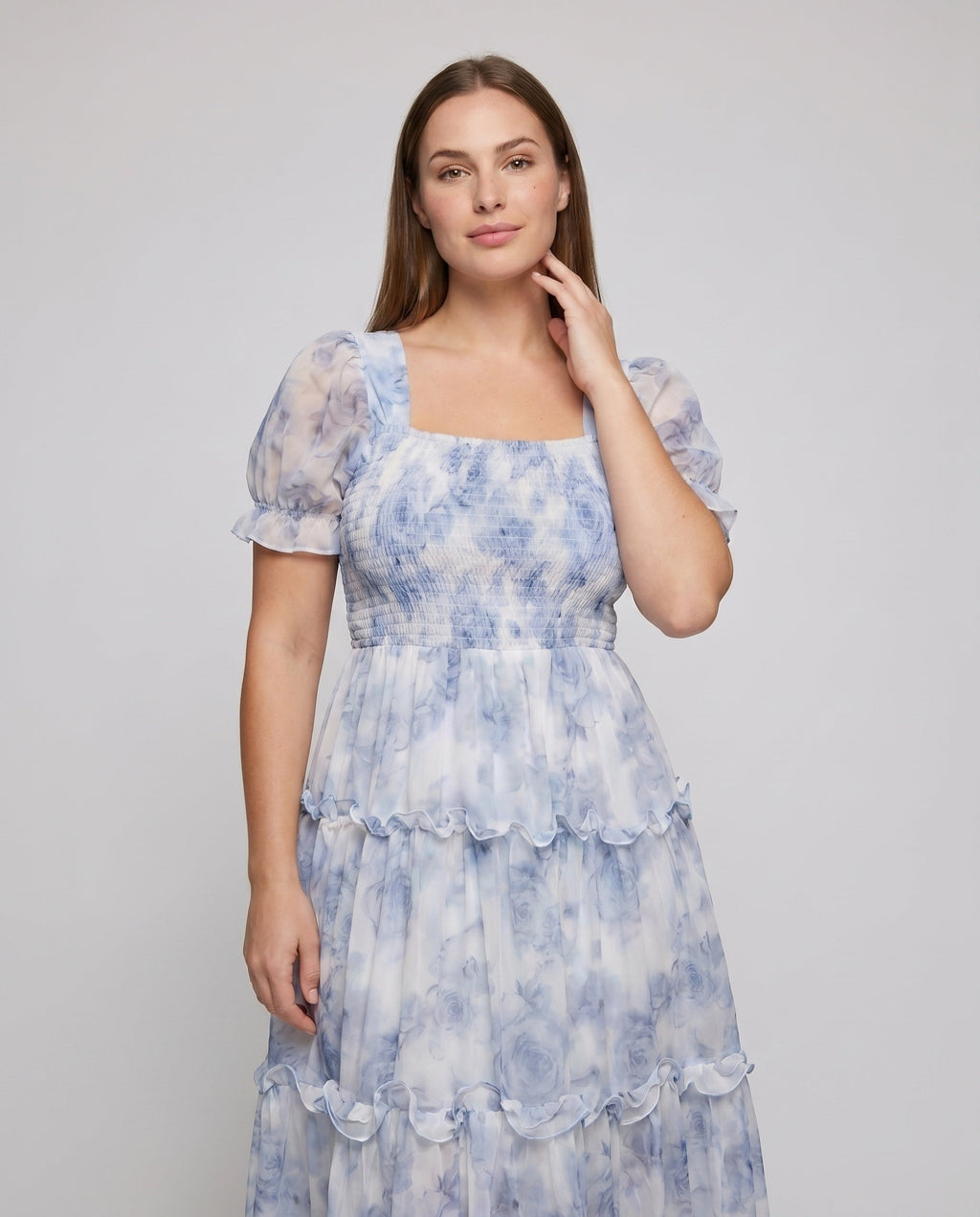 Ladies Flowing Maxi Dress with Floral Ruffles - upper body view