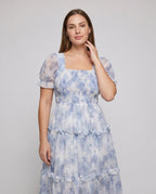 Ladies Flowing Maxi Dress with Floral Ruffles - upper body view