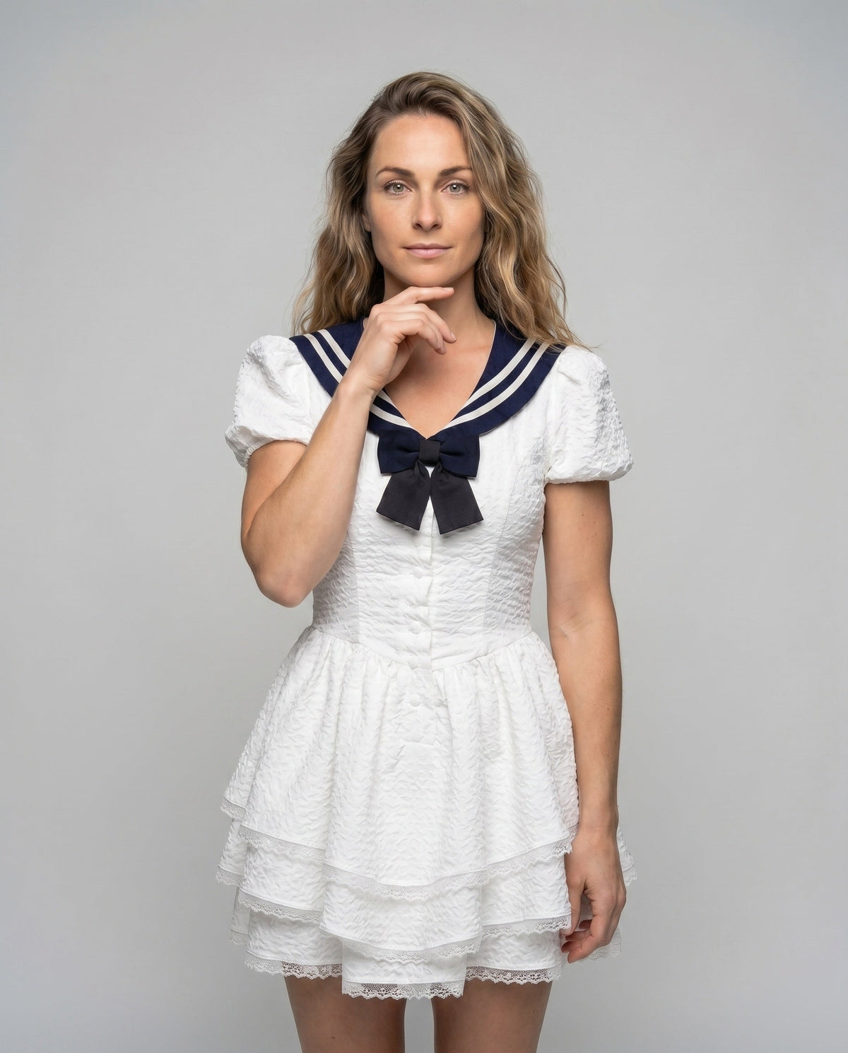 Women's dress with maritime collar and voluminous skirt - upper body view