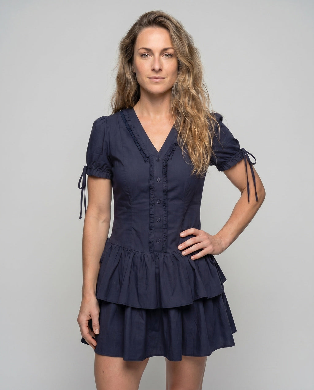 Women’s dress with ruffle details and flattering V-neck - upper body view