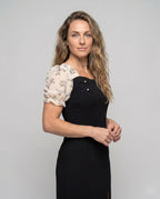 Women's dress with transparent puff sleeves and side slit - upper body view