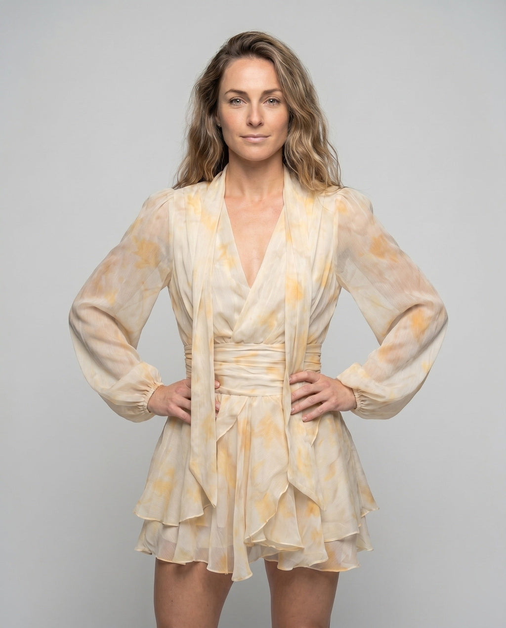 Women’s dress with voluminous ruffles and elegant wrap design - upper body view
