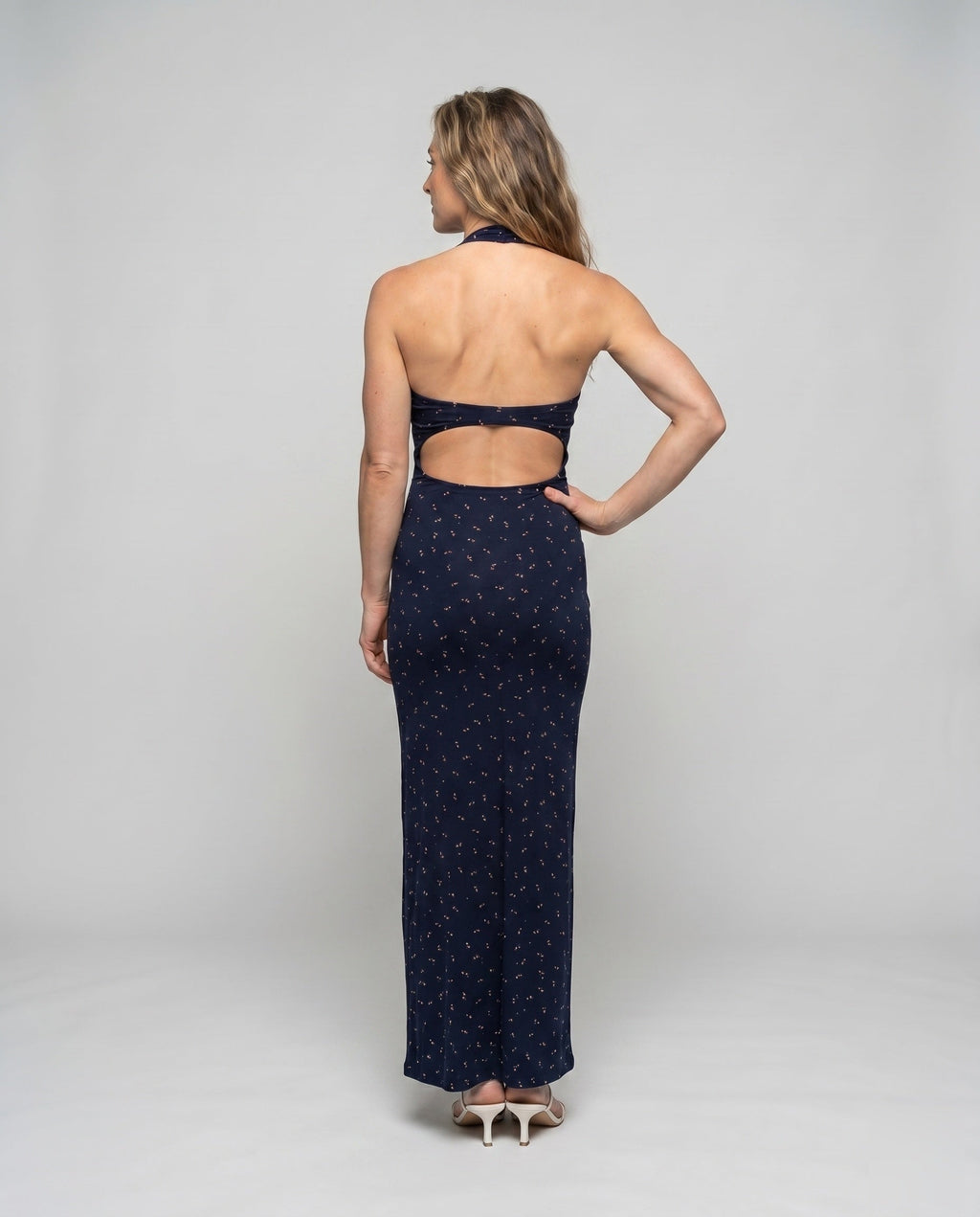 Women's Knee-Length Dress with Lace Details and Gatherings - back view