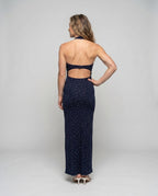 Women's Knee-Length Dress with Lace Details and Gatherings - back view