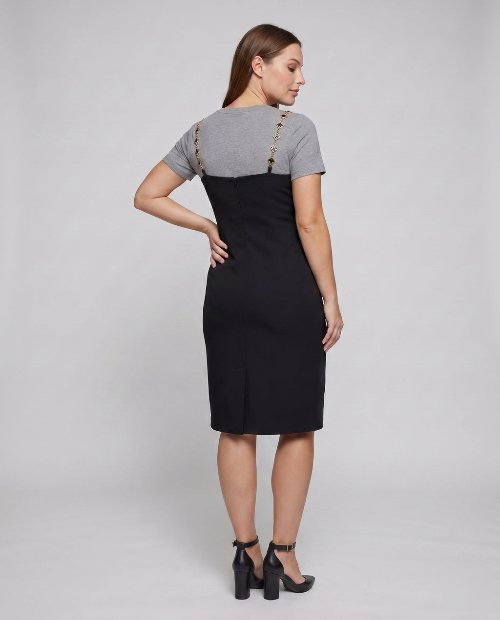 Ladies' combo dress with elegant T-shirt and practical button details - back view