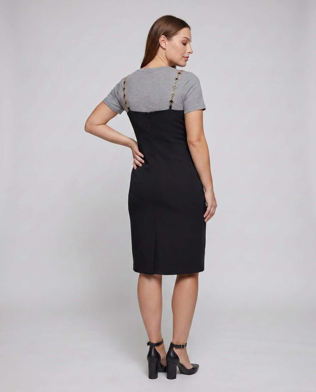 Ladies' combo dress with elegant T-shirt and practical button details - back view