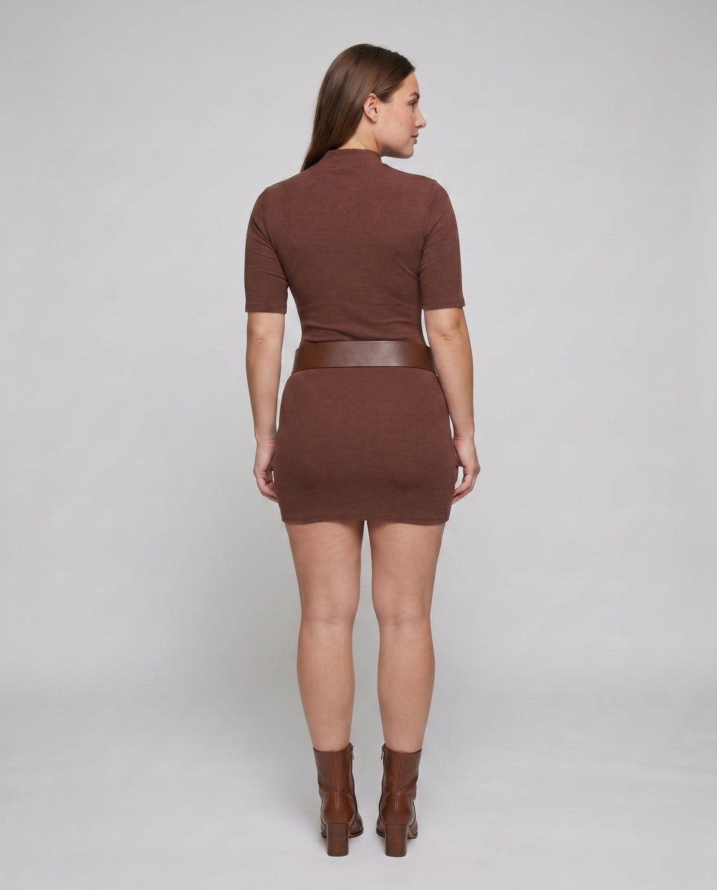 Women's fitted dress with elegant stand-up collar and waist belt - back view