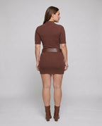 Women's fitted dress with elegant stand-up collar and waist belt - back view