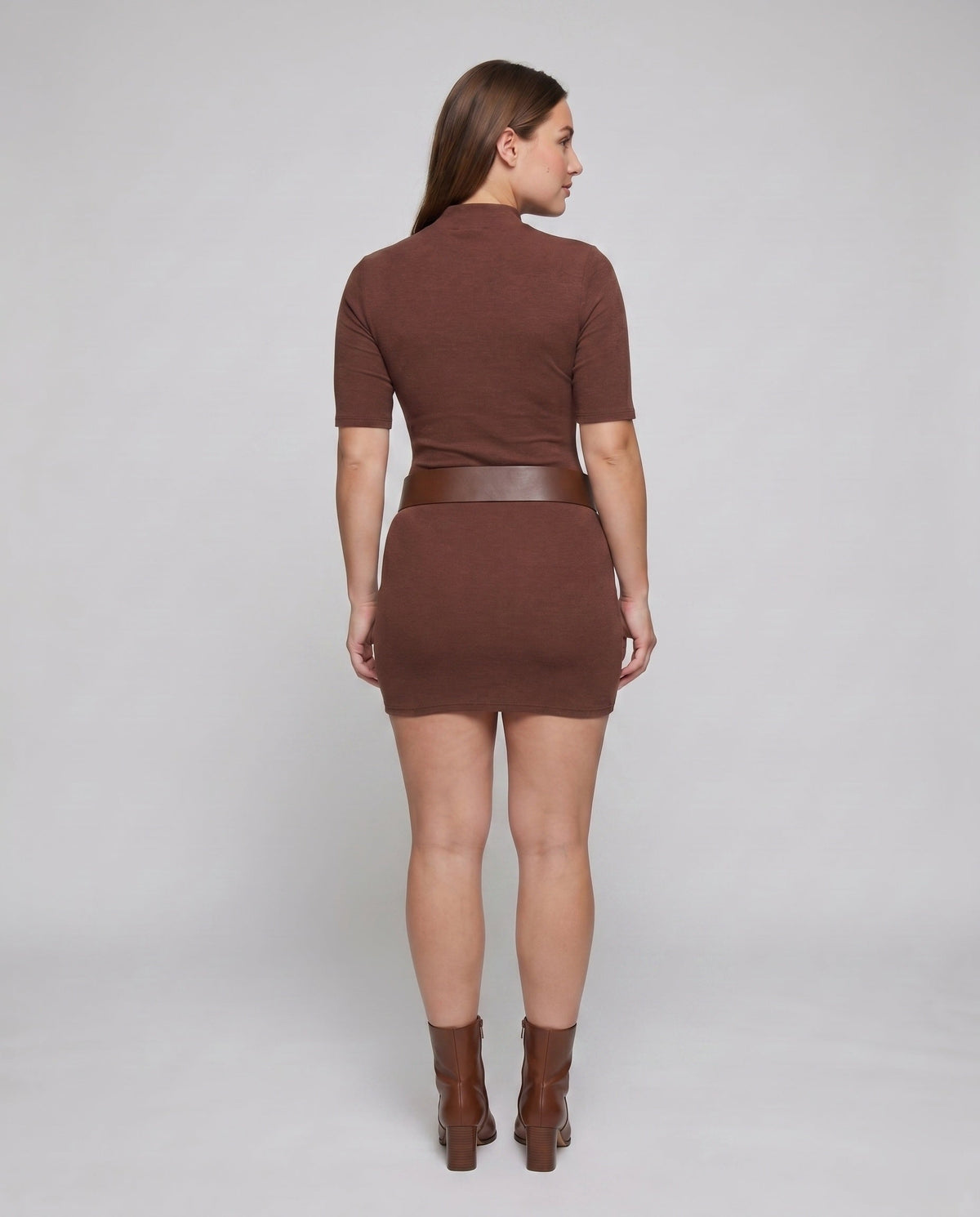 Women's fitted dress with elegant stand-up collar and waist belt - back view