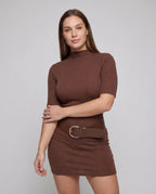Women's fitted dress with elegant stand-up collar and waist belt - upper body view
