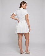 Women Short Sleeve Dress with Elegant Pleats and Classic Collar - back view
