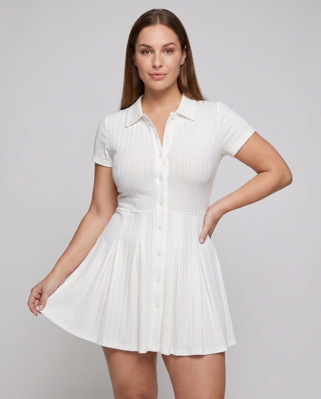 Women Short Sleeve Dress with Elegant Pleats and Classic Collar - upper body view