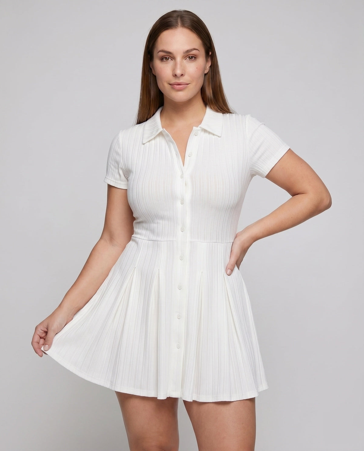Women Short Sleeve Dress with Elegant Pleats and Classic Collar - upper body view