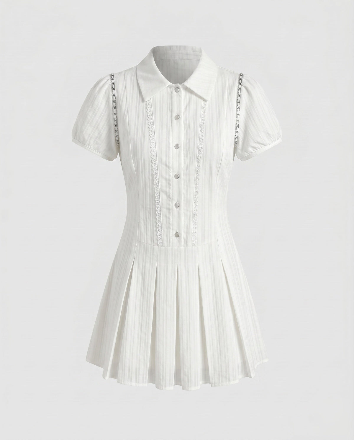 Ladies short sleeve dress with chic collar and pleated skirt - product shot