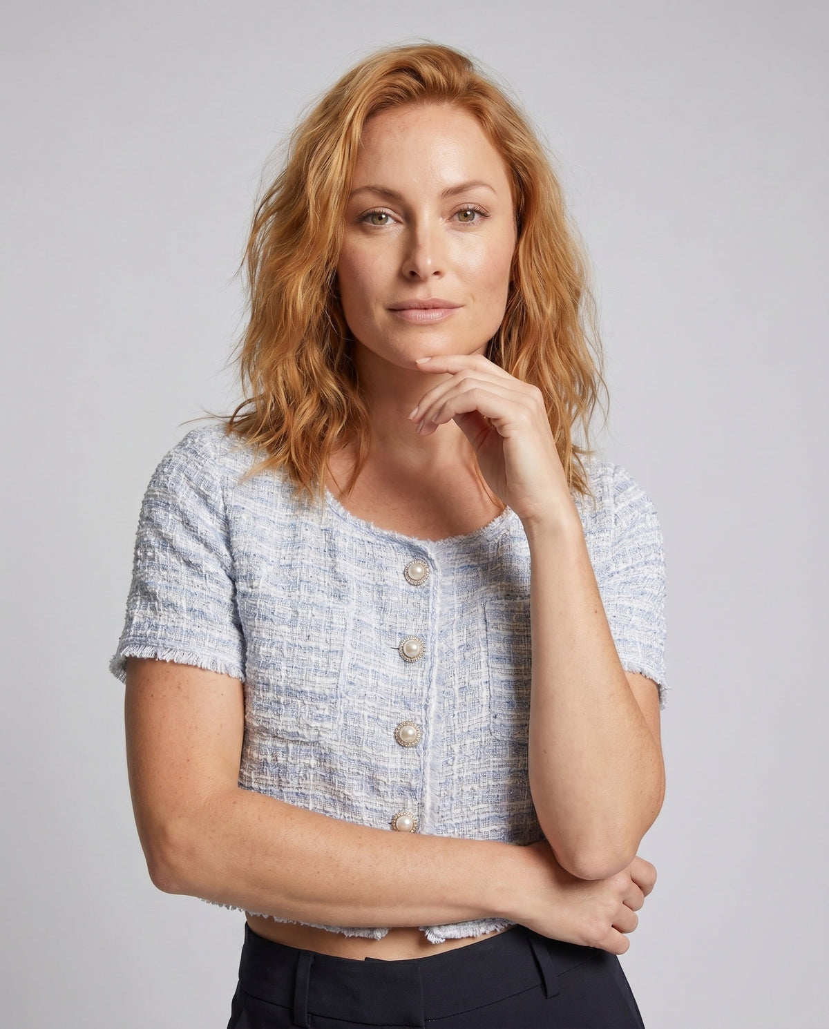 Women's Short Sleeve Blouse Shirt with Button Design and Textured Fabric - upper body view