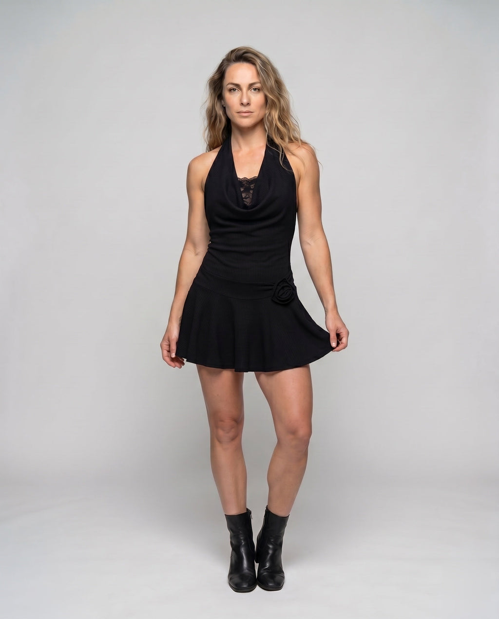 Women’s short dress with sophisticated top and voluminous hem - upper body view