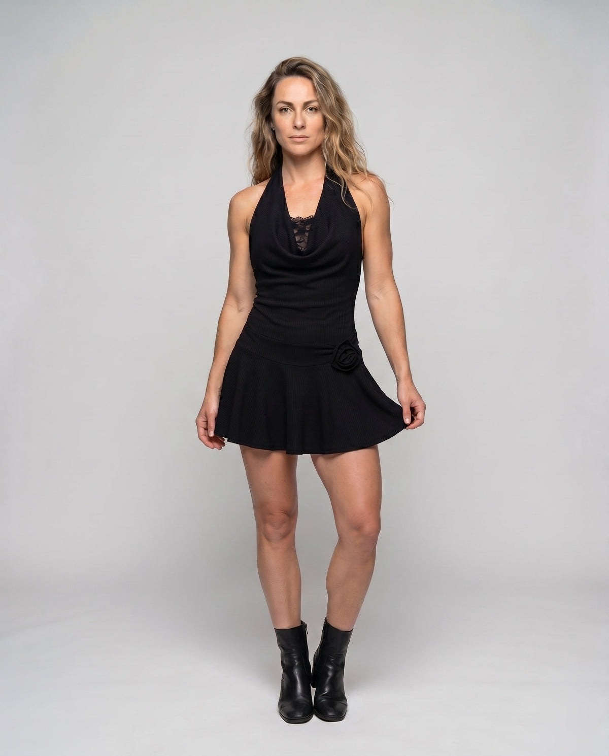 Women’s short dress with sophisticated top and voluminous hem - upper body view