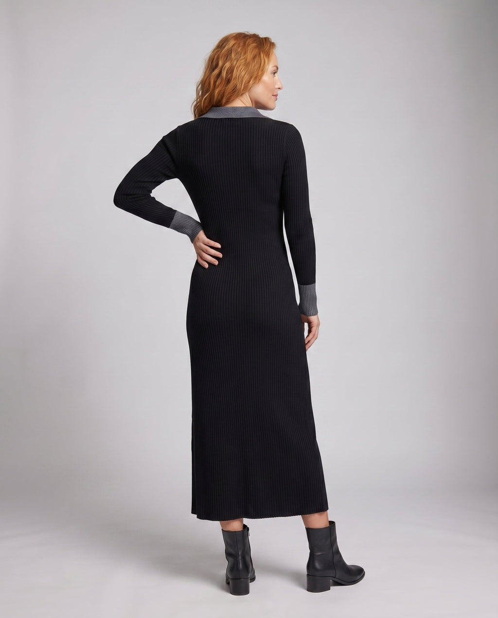 Women's Long Sleeve Dress with Modern Polo Collar and Vertical Ribbed Structure - back view