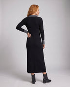 Women's Long Sleeve Dress with Modern Polo Collar and Vertical Ribbed Structure - back view