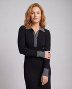 Women's Long Sleeve Dress with Modern Polo Collar and Vertical Ribbed Structure - upper body view