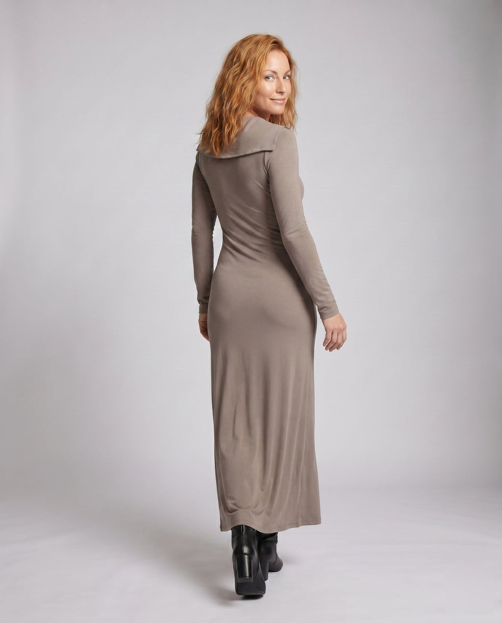 Women’s long sleeve dress with stylish hooded design and figure-hugging cut - back view