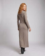 Women’s long sleeve dress with stylish hooded design and figure-hugging cut - back view