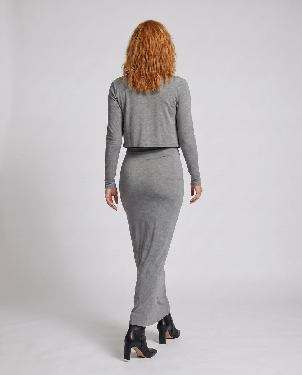 Ladies long sleeve maxi dress with elegantly cut top and figure-hugging silhouette - back view