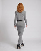 Ladies long sleeve maxi dress with elegantly cut top and figure-hugging silhouette - back view