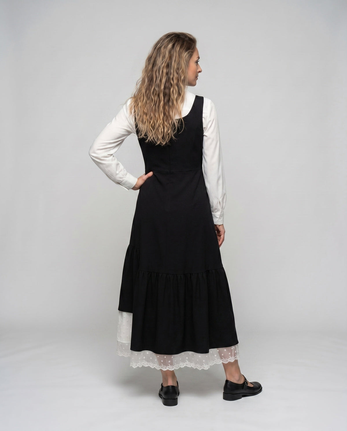 Ladies Long Dress with Chic Ruffle Detail and Classic Shirt Collar - back view