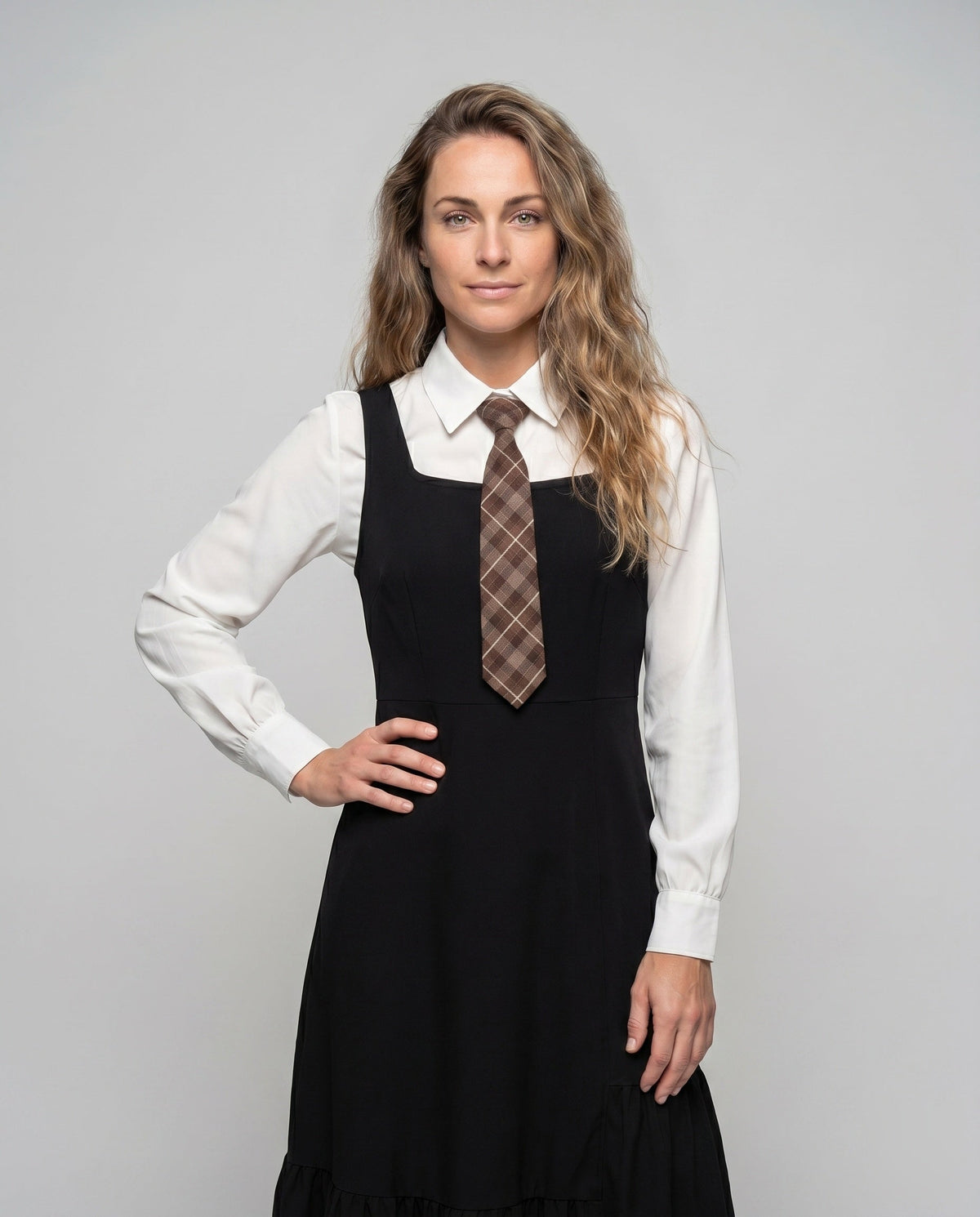 Ladies Long Dress with Chic Ruffle Detail and Classic Shirt Collar - upper body view
