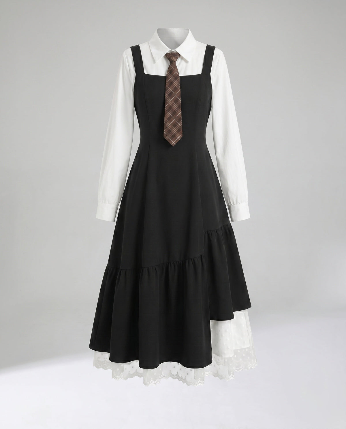 Ladies Long Dress with Chic Ruffle Detail and Classic Shirt Collar - product shot