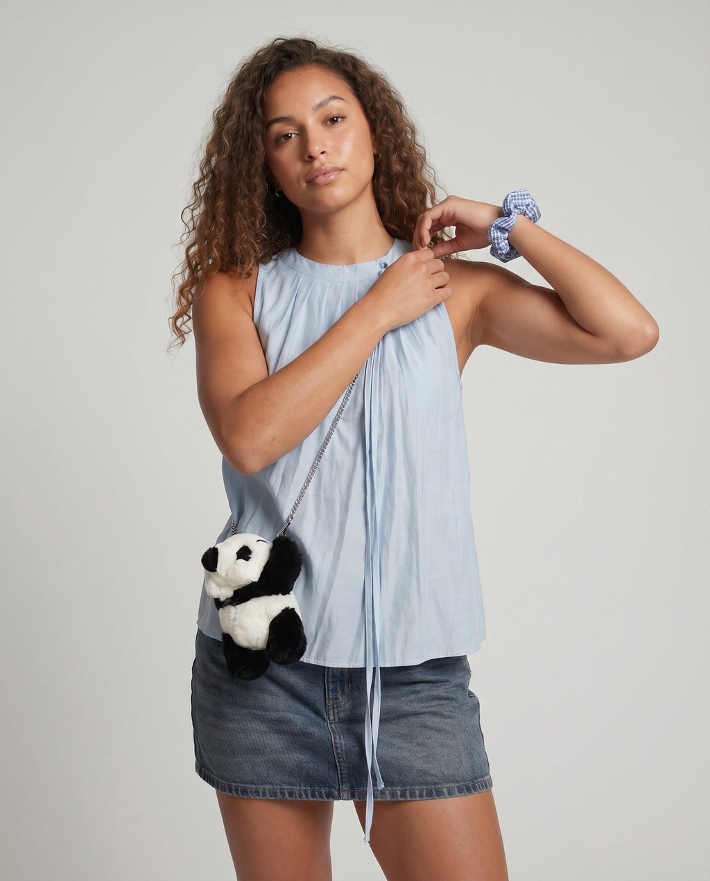 Ladies Lightweight Blouse Shirt with Ruffle Details and Subtle Stand Collar - upper body view