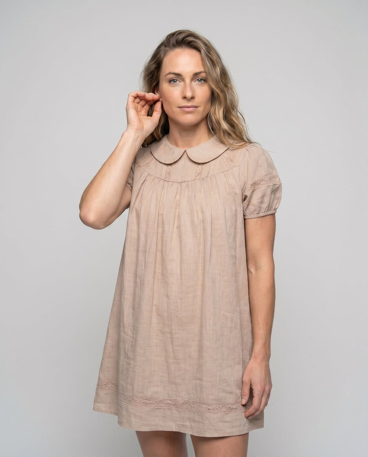 Women's Airy Babydoll Dress with Fine Ruffle Details and Elastic Waistband - upper body view